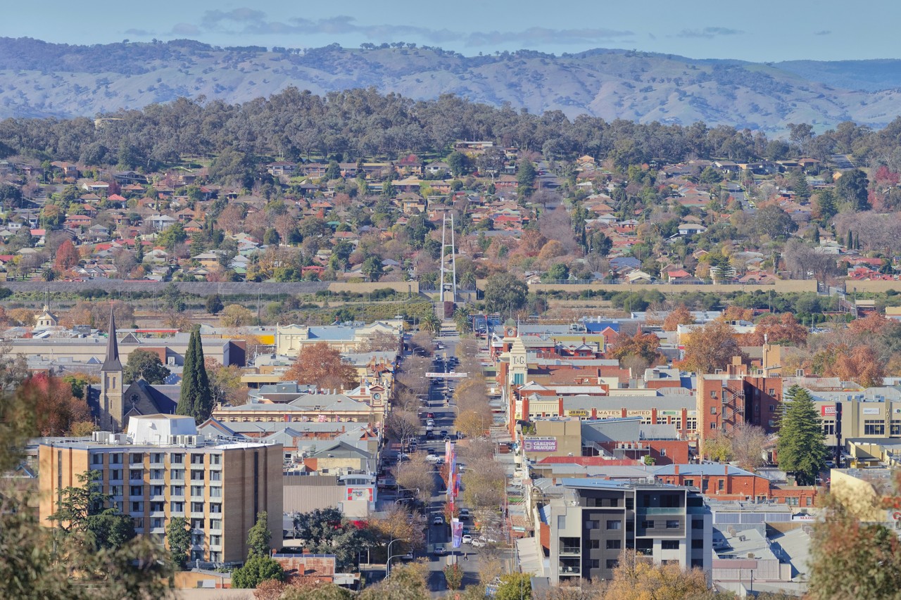 Albury, NSW, Cityscape with mountains and historic architecture