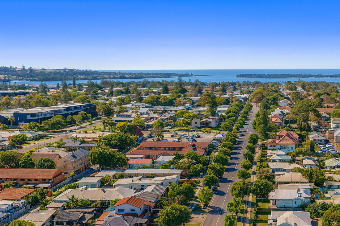 Ballina, NSW, Aerial view of residential streets and coastline