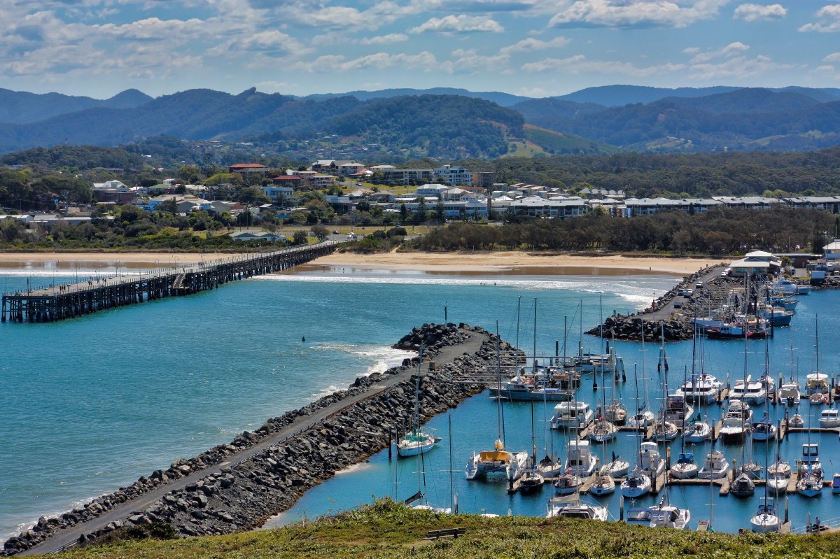 Coffs Harbour, NSW, Marina and jetty amidst coastal scenery
