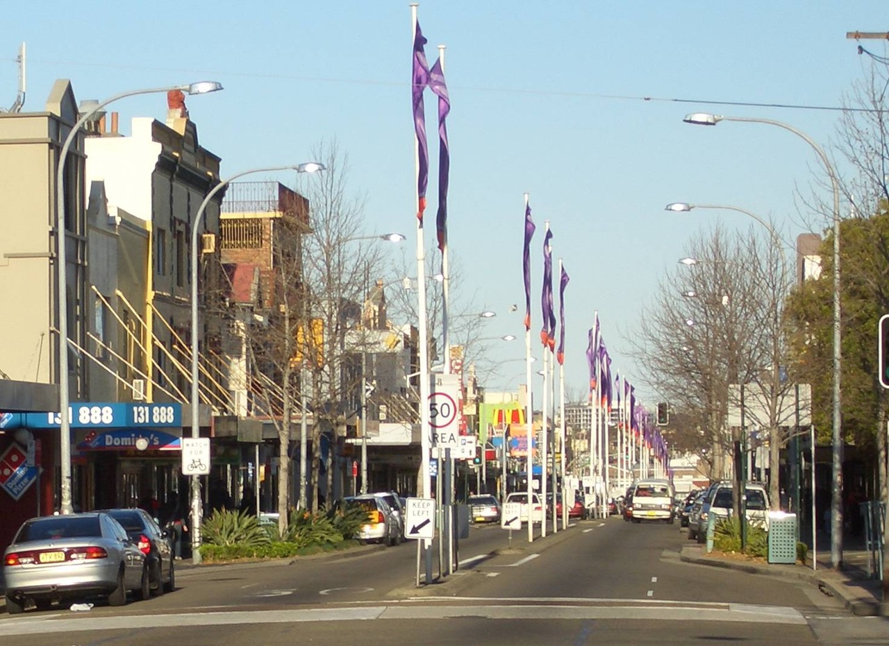 Marrickville, NSW, Flags lining a commercial street with shops
