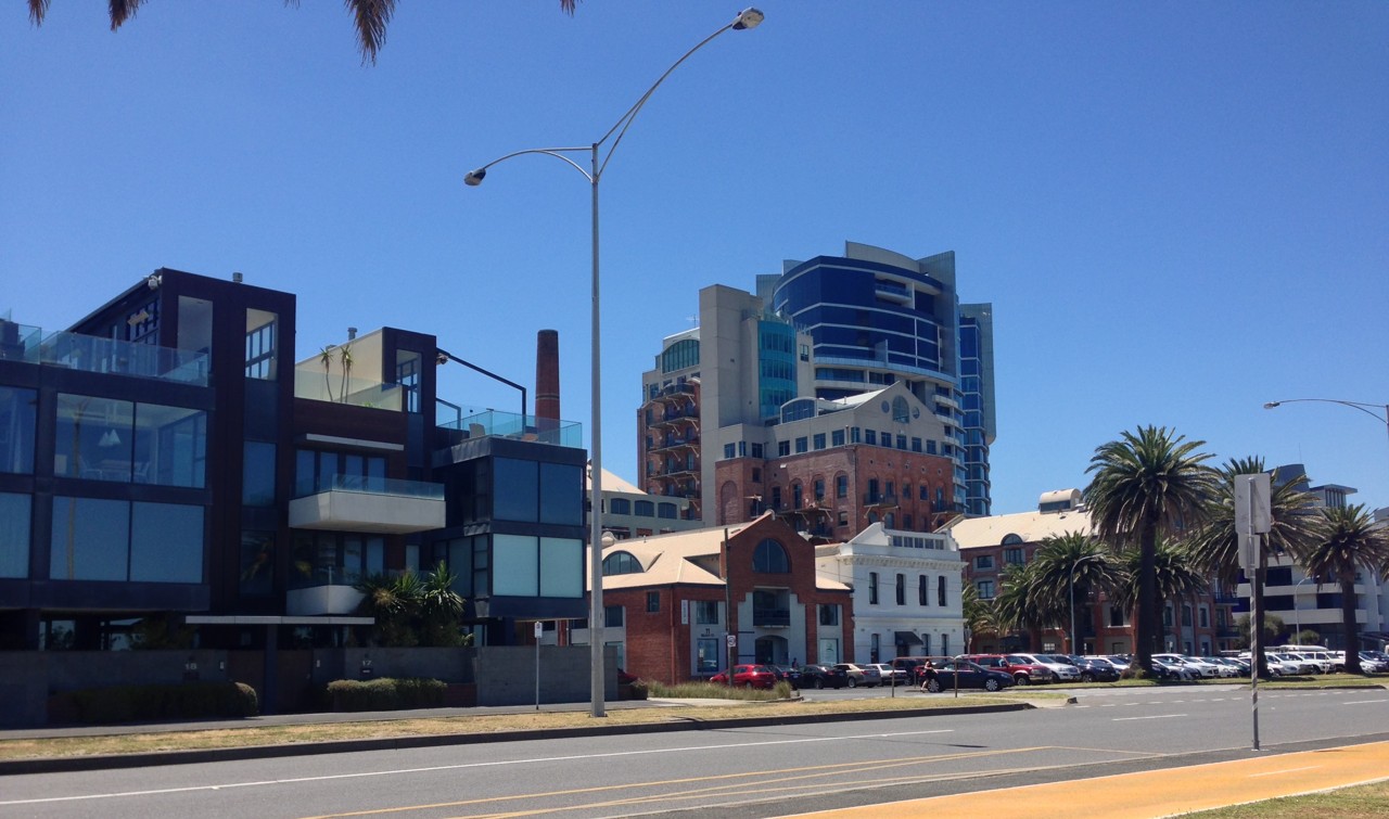 Port Melbourne, VIC, Apartment buildings along a seaside road