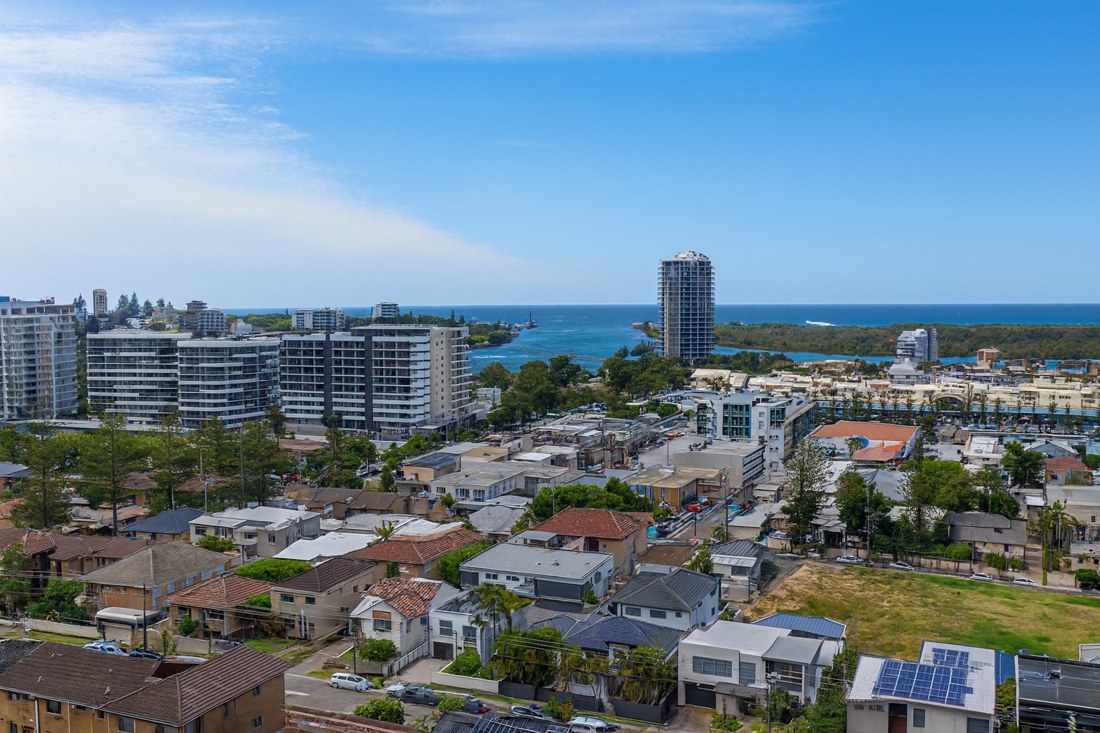 Tweed Heads, NSW, Coastal cityscape with apartments and distant ocean view
