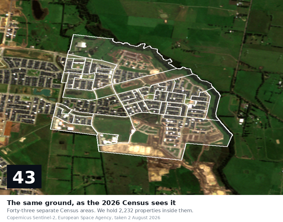 Real Sentinel-2satellite image of the same Clyde North area on2August2026showing development and more detailed mesh blocks.